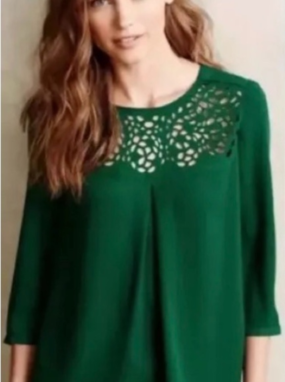 Anthropologie HD in Paris Dara Tee Laser Cut Blouse Forest Size 10